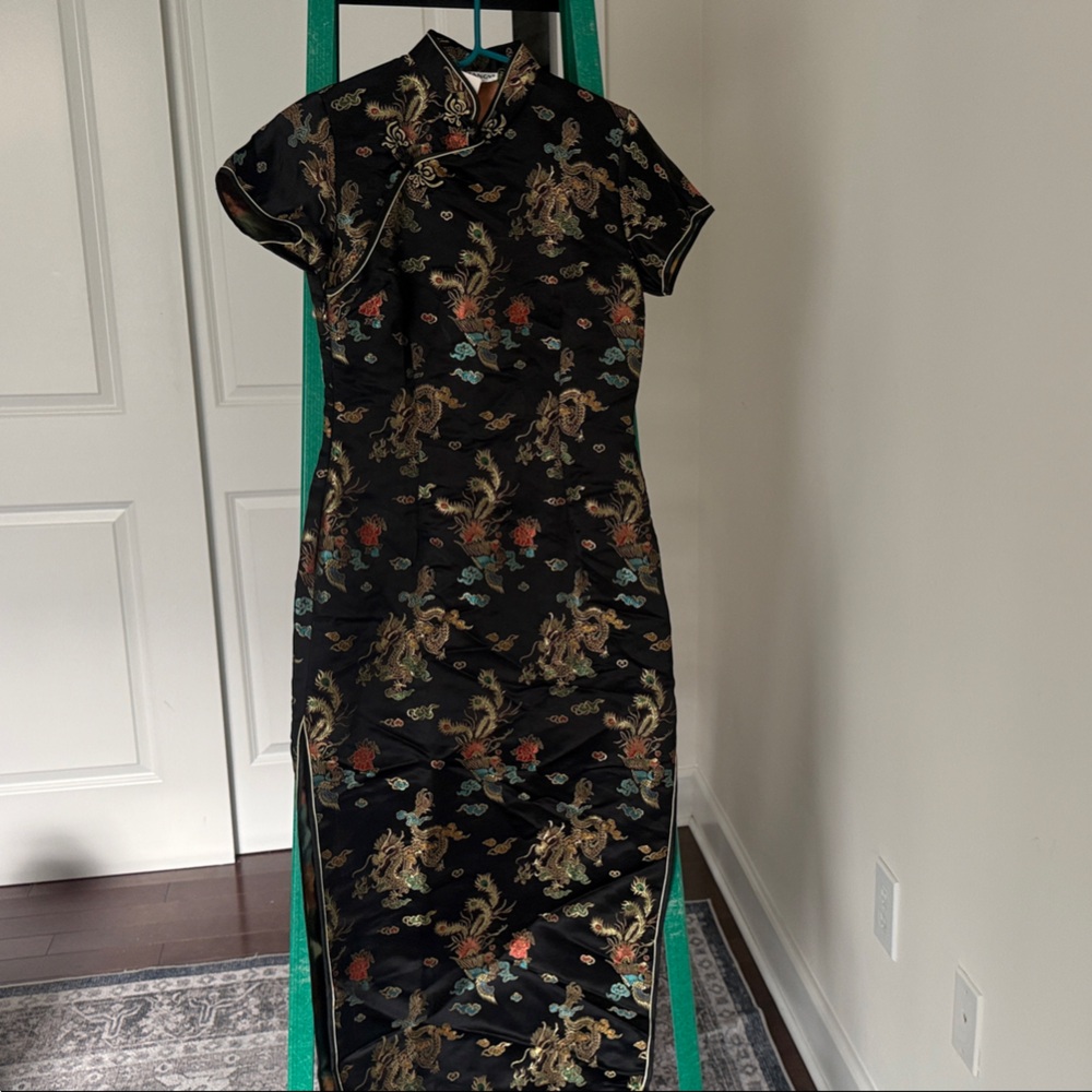 Black Satin Floral Dragon Cheongsam Dress
